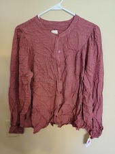 A New Day Women Pink/White Polka Dot Long Sleeve Button Front Blouse Medium B48