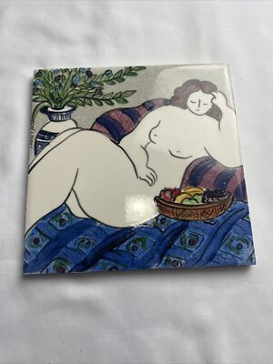 #ad Signed Carol Keiser Putney Vermont Artist Nude Hande Painted Ceramic Tile $29.94