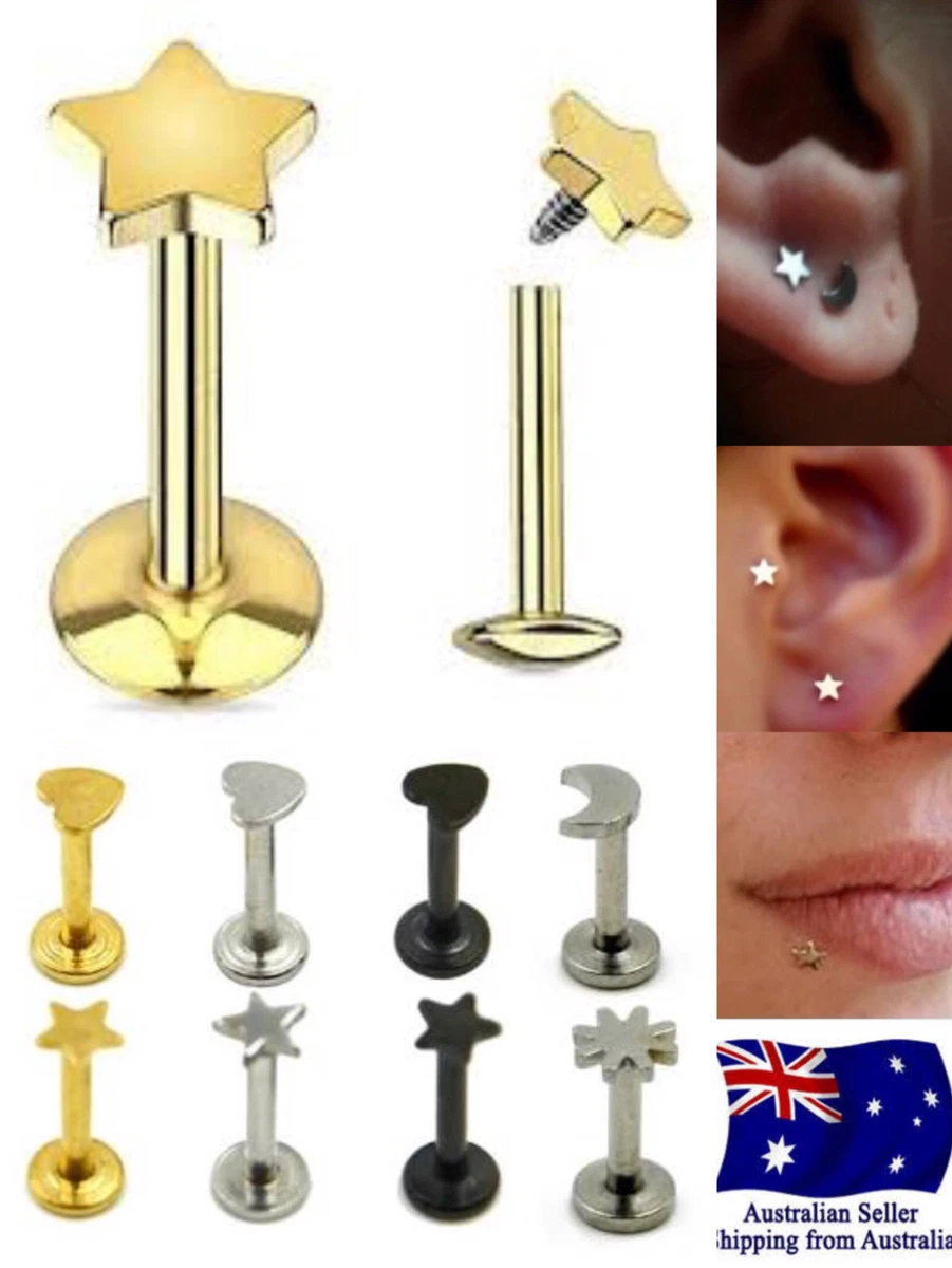 Surgical Steel 16g Labret Stud Star Moon Lip Ear Helix Tragus Body