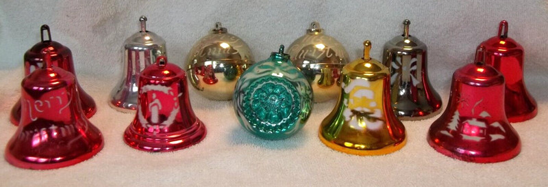 11 Vintage Christmas Ornaments Plastic Bells & Balls W/Santa Candles Church etc.