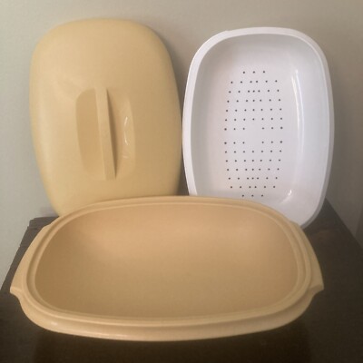 Vintage Tupperware 3 Piece Harvest Gold Microwave Vegetable / Rice Steamer - EUC
