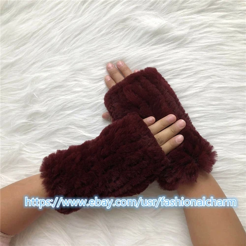 Womens Winter Real Rabbit Fur Gloves Knitted Stretch Fingerless Mitten Gloves - Picture 62 of 102
