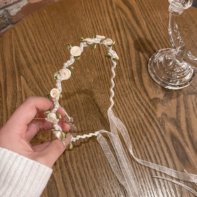 Wedding Headband Rose Headband Flower Pearl Headband with Ribbon Bridal