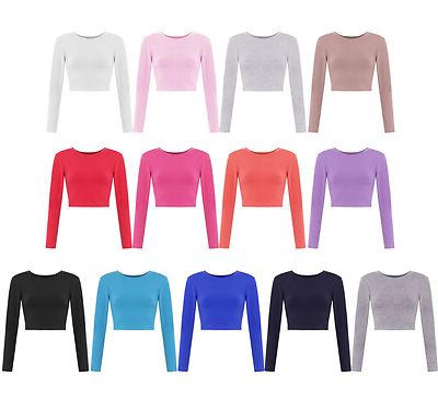 Neu kurzes Damen-T-Shirt Basic Langarm Damen kurz schlicht Rundhals Oberteil 8-14