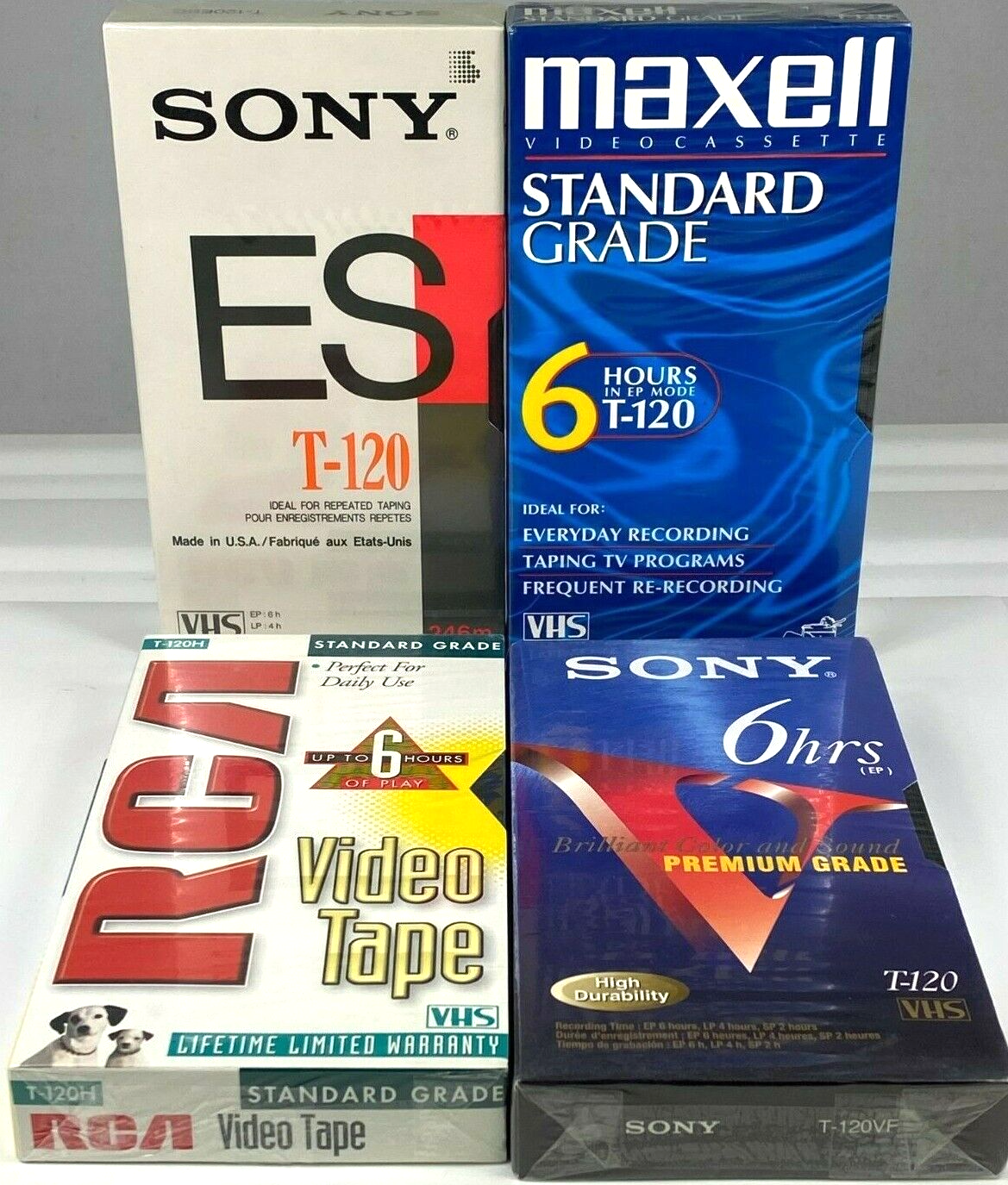 Lot of 4 Sealed T-120 VHS Blank Video Tapes 6 Hours Each Sony Maxell RCA New