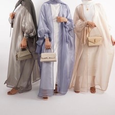Luxury Shimmer Organza Open Abaya with Bow Tie Sleeves Modest Islamic Dress