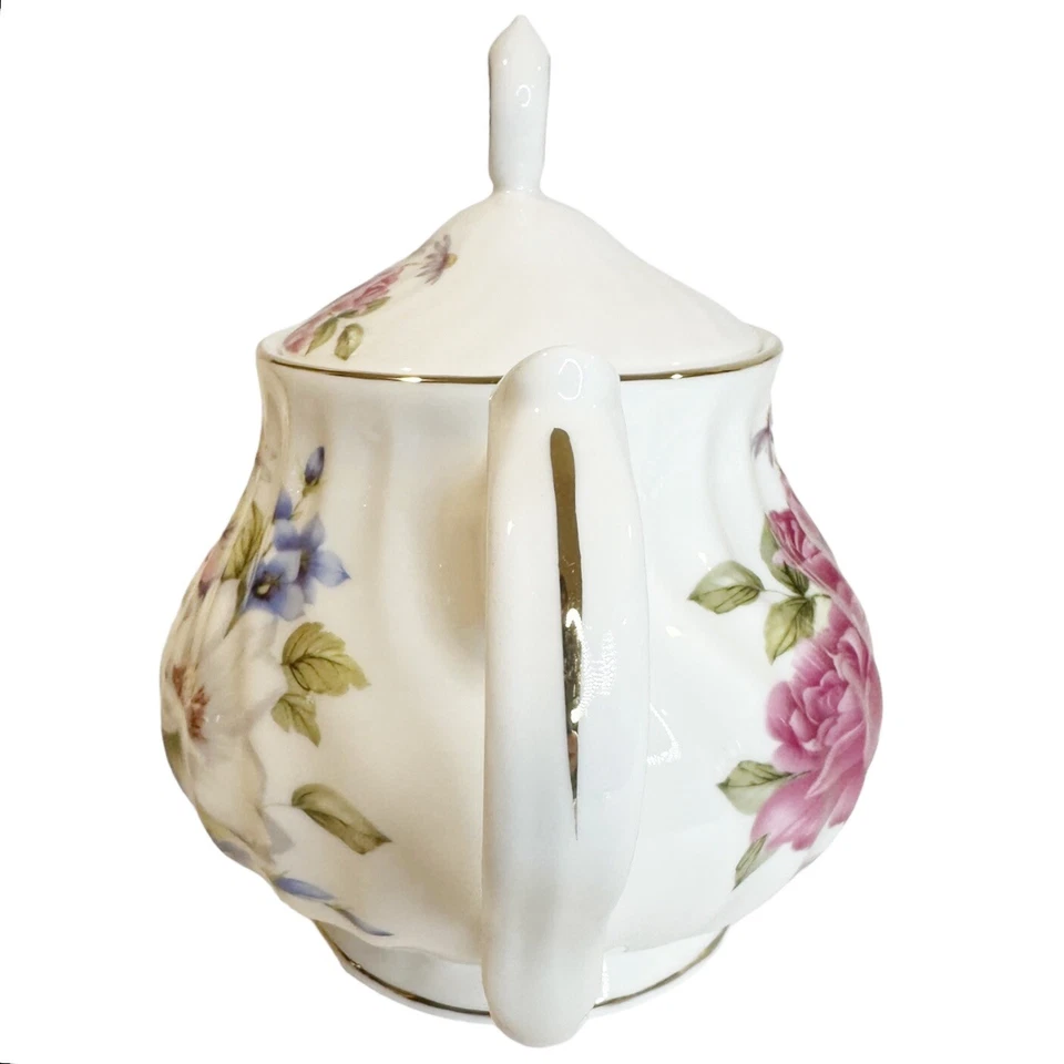 Grace Bone China Pink Rose Gold Trim  Footed w/Lid Teapot 7.5” x 9” - Image 2 of 4
