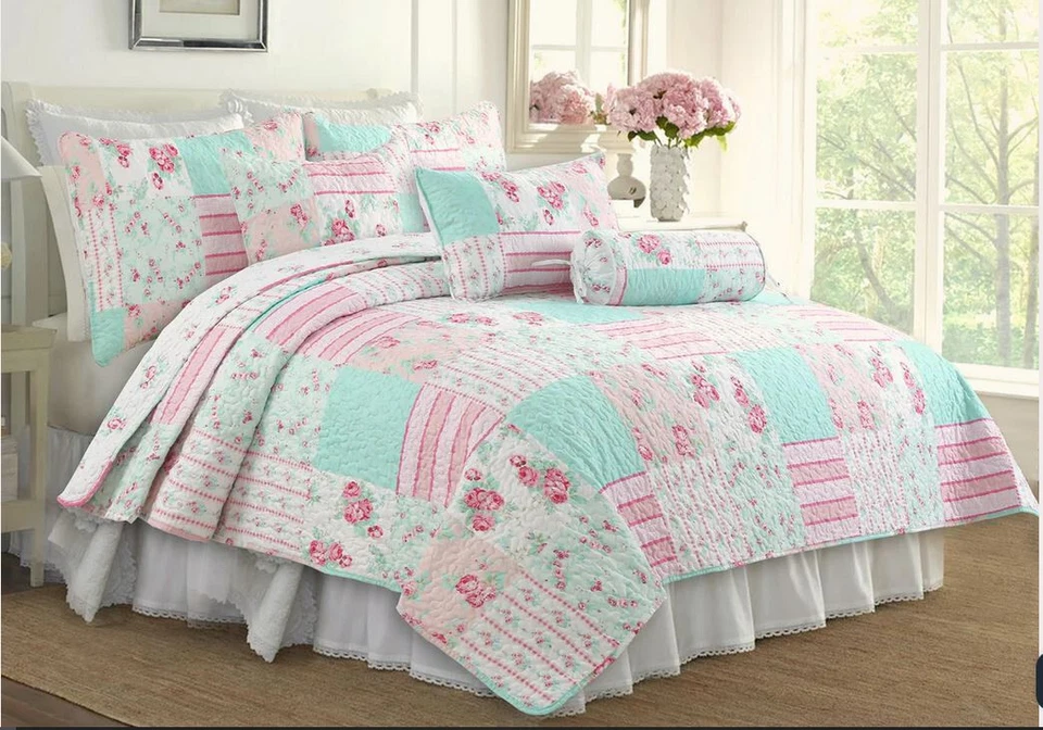 COLCHA REINA FLOR ROSA 3 piezas: acogedora niña rosa azul verde jardín flores floral Foto 4 de 4