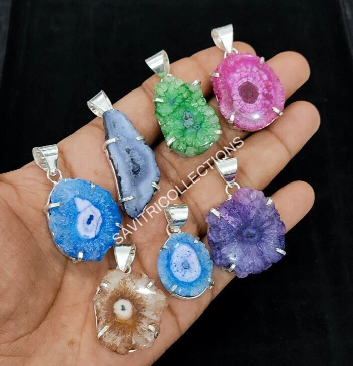 Lote misto de pingente de quartzo pedra preciosa drusa 92,5 folheado a prata atacado joias a granel - Imagem 3 de 4