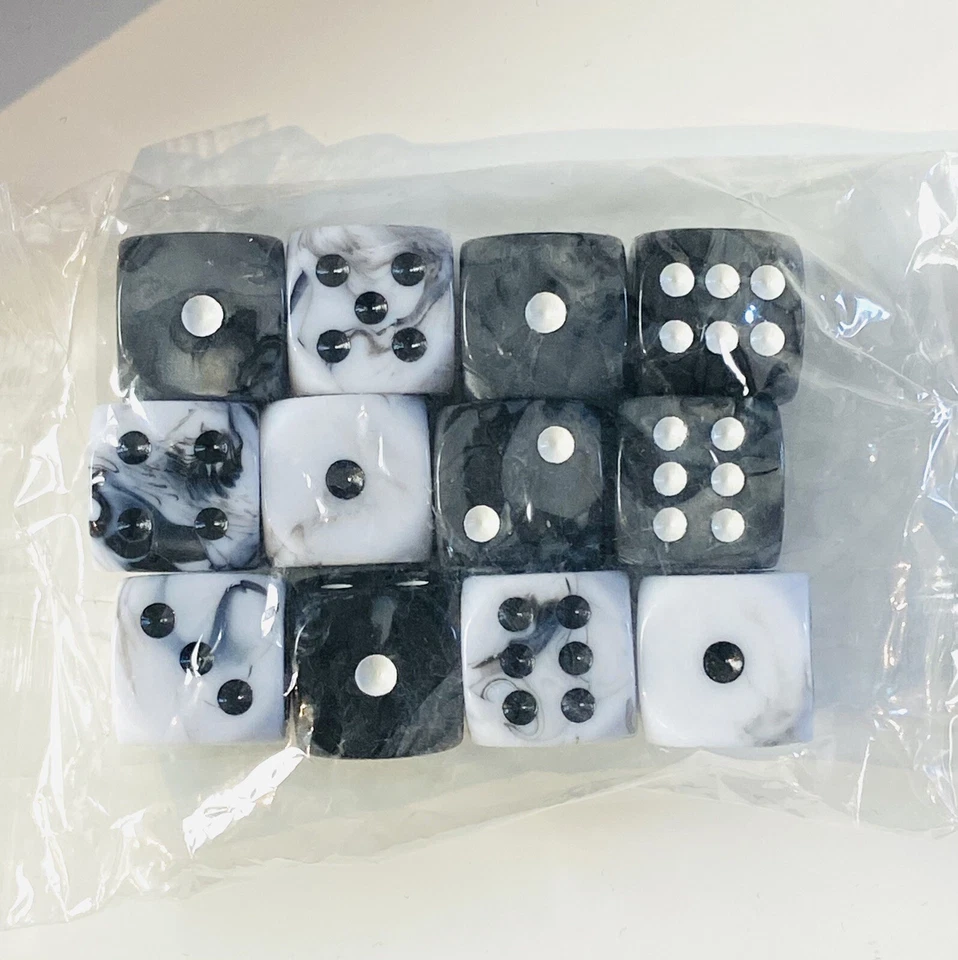 Premium 12 X D6 Black And  White Marble style Dice Rounded Corners 16mm set - Image 2 of 3