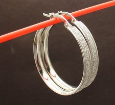 1 1/8" Grooved Glitter Hoop Earrings with Polished Border Real 14K White Gold