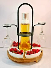 Wine & Charcuterie Caddy - One Bottle Hole, 4 Removeable Ceramic Trays - 18.25"