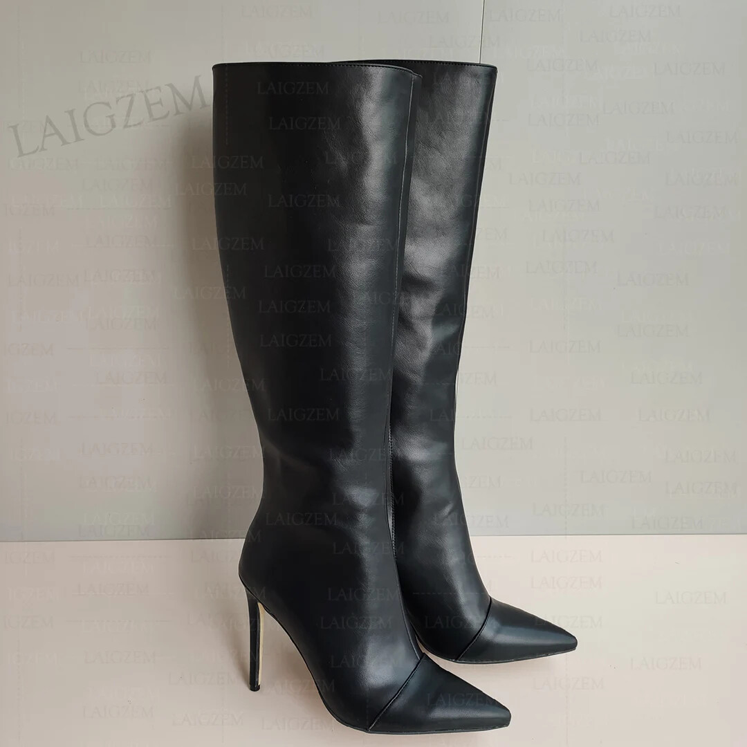 Women Knee High Boots Faux Leather Pointed Toe Side Zip Stiletto