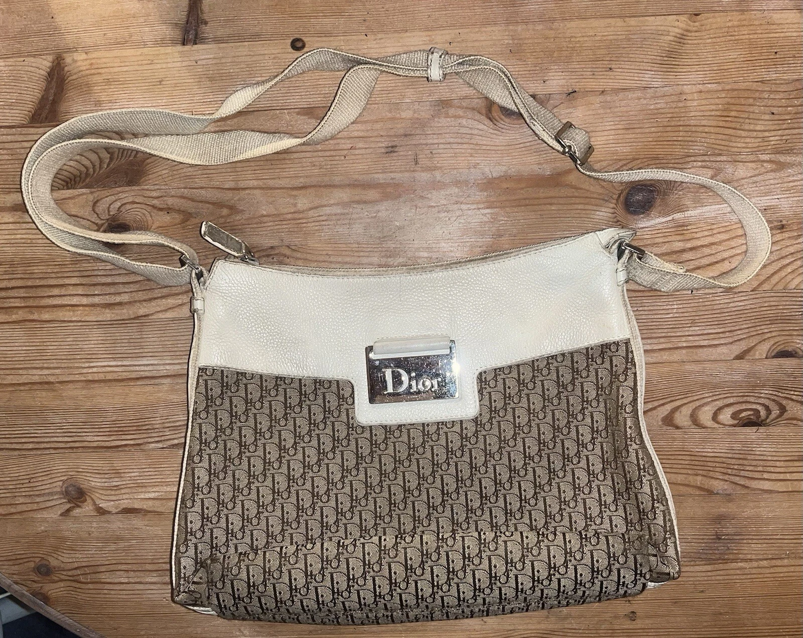 Sac Christian Dior Trotter toile street épaule selle logo, marron et crème
