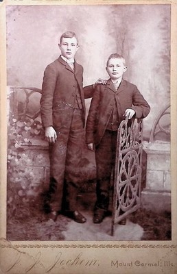 Antique cabinet card photograph Two Brothers Standing Together in Antique Attire