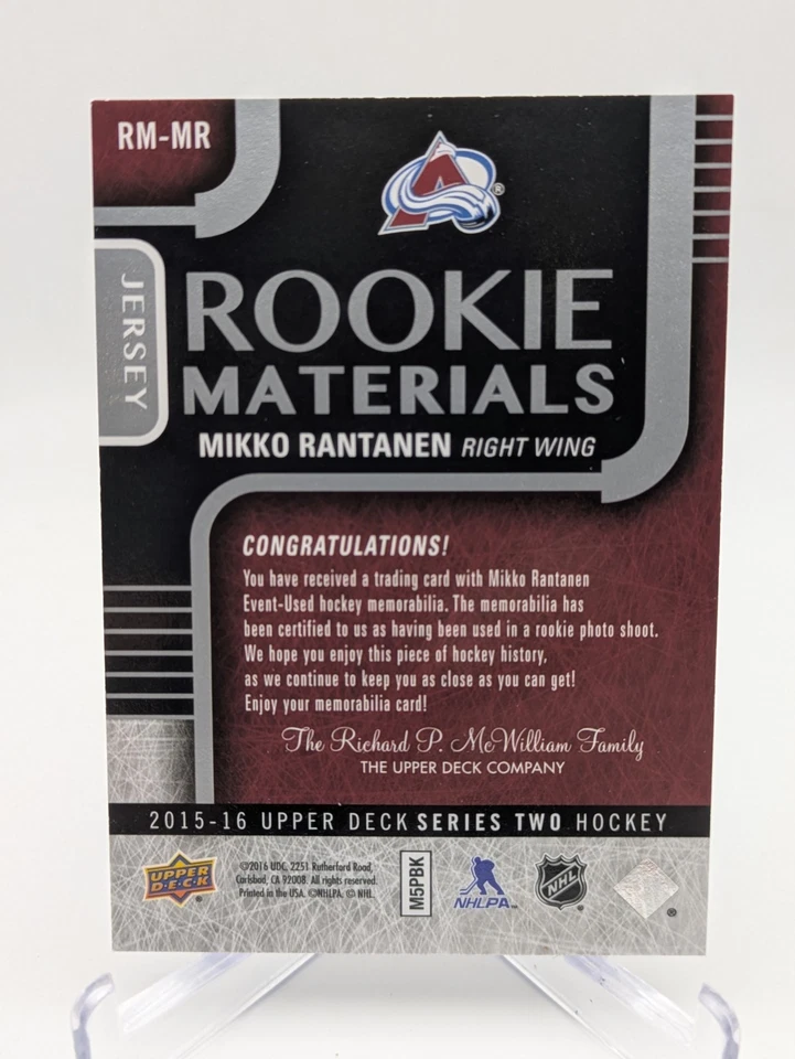 💥 2015-16 Upper Deck Rookie Materials Mikko Rantanen #RM-MR Rookie; RED - Image 2 of 2