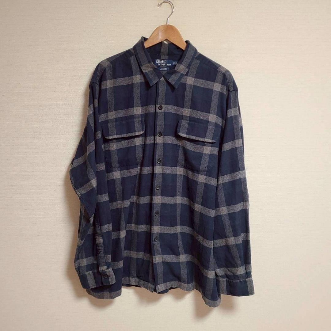 Polo by Ralph Lauren Open Collar Shirt Check Long Sleeve XXL Navy Vintage