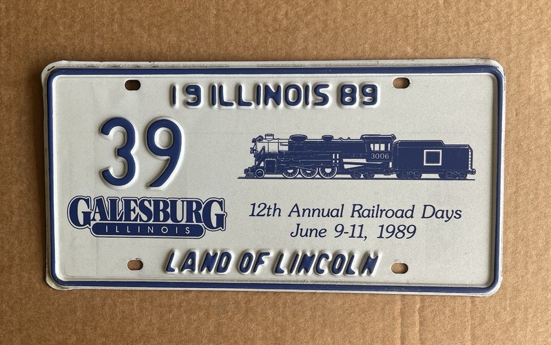 1989 Illinois IL Special Event Galesburg Railroad 39 License Plate