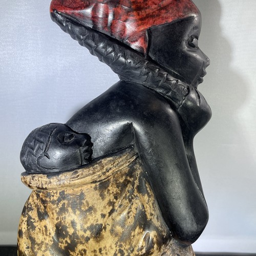 VTG Ghana African Tribal Art Hand Carved Wood Woman with Child Plaque 13”x6”  - Picture 4 of 13