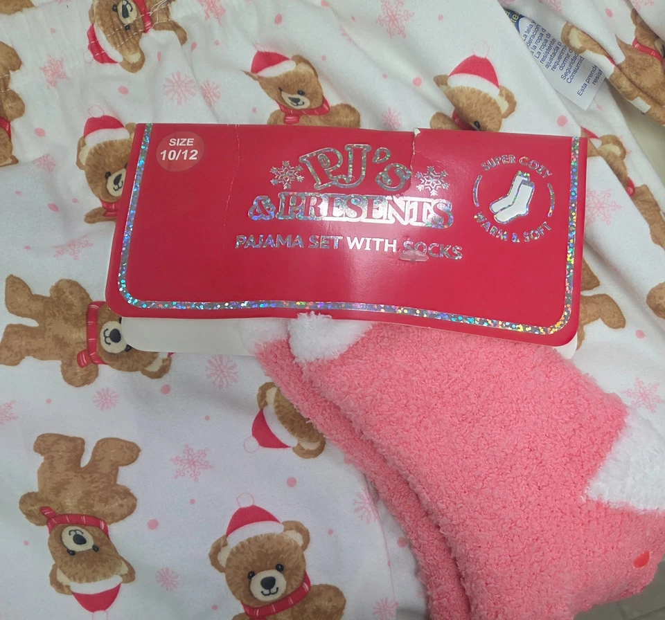 Pajama Set – Gingerbread Print – Size 10/12 – 2 Piece with Fuzzy Socks - Image 2 of 2