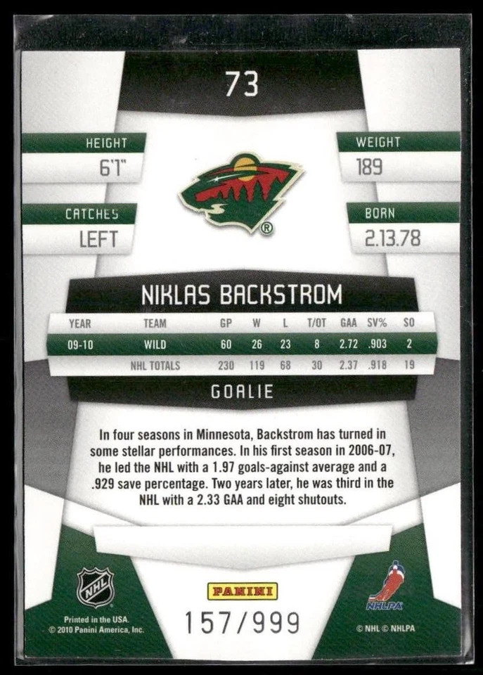 2010-11 Panini Certified Niklas Backstrom Platinum Red /999 #73 Minnesota Wild - Image 2 of 2
