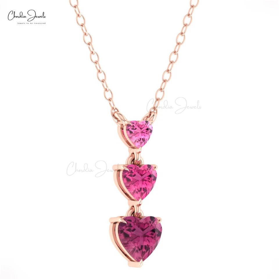 Collar Corazón Boda Piedras Preciosas Turmalina Rosa 5mm Con Colgante Oro Sólido 14k Foto 2 de 4