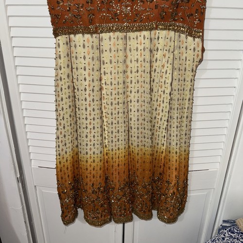 Women’s Vintage Orange Gold Hand Beaded Handmade Embroidered Short Sleeve Dress - Picture 3 of 9