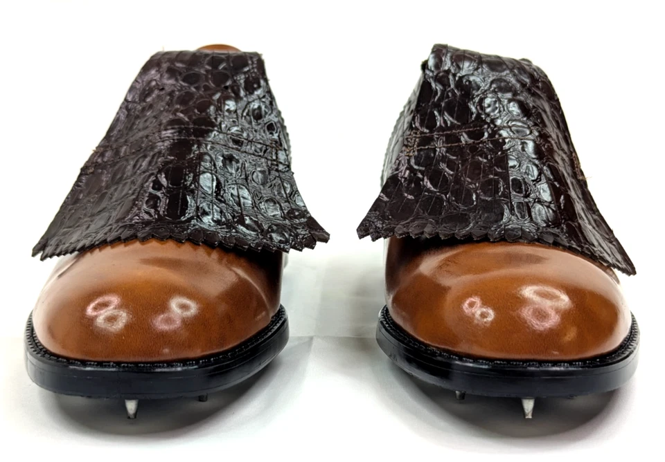 De Colección Calzado de Acción Golf OGLF Zapato Hombres 11D Marrón Kiltie Gator Sillín Metal Spike Foto 2 de 4