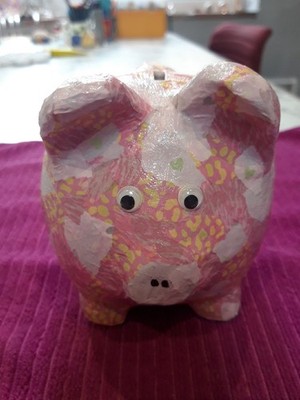 SCHWEIN SPARDOSE, DECOUPAGE DEKO IN ROSA, HANDARBEIT