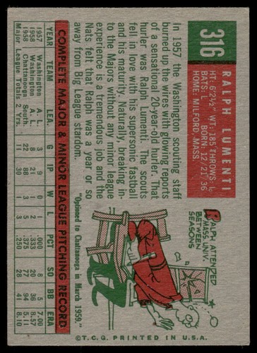 1959 Topps #316b Ralph Lumenti Washington Senators EX-EXMT 47338 - Bild 2 von 2