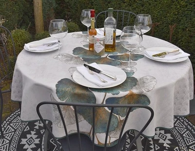 Tischdecke Provence 160 cm rund hellgrau Fächerblüten aus Frankreich bügelfrei - Bild 1 von 4