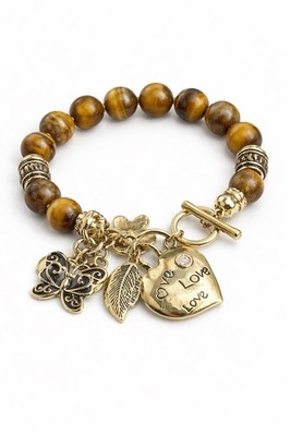 Tiger s Eye Bead Charm Bracelet Gold Tone Butterfly Heart Flower Toggle Clasp