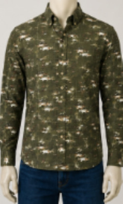 Magellan Men's Mossy Green Fish Print Button Up Shirt Medium