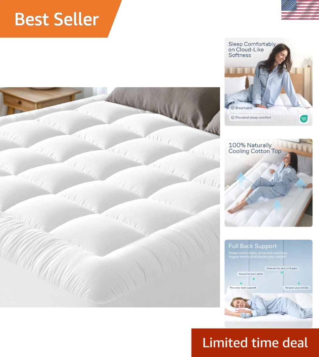 Full Size Mattress Topper Cotton Cooling Breathable Noiseless Washable