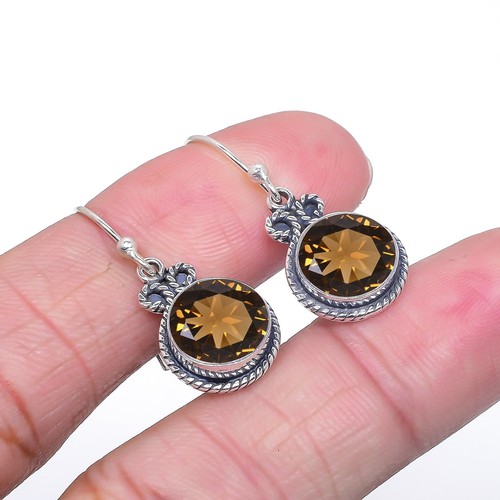 Smoky Quartz Gemstone 925 Sterling Silver Jewelry Earring, Designer Earring - Picture 2 of 4