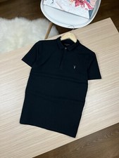 AllSaints Men's Polo Shirt Size M Medium Black Short Sleeve Cotton Ramskull Logo