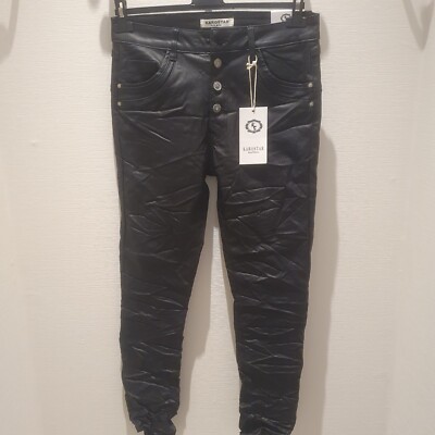 Karostar Boyfriend Stretch Damen Fake Leather Jeans Schmuck Knöpfe Schwarz M/38
