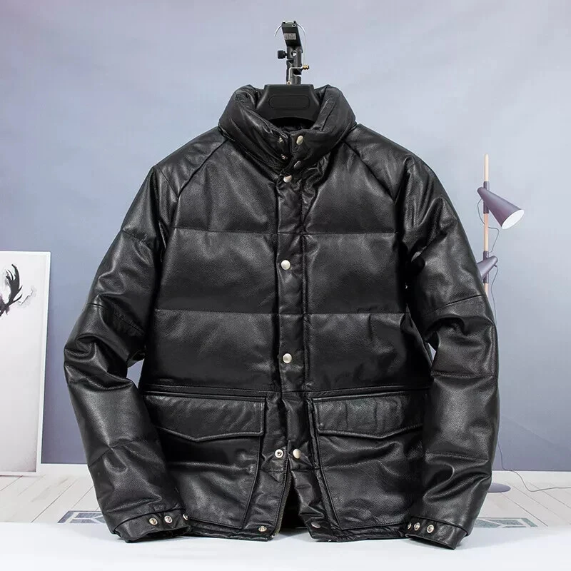 Puffer Jacket Genuine Leather Lambskin Men's Sheepskin Stand Collar Warm Coat