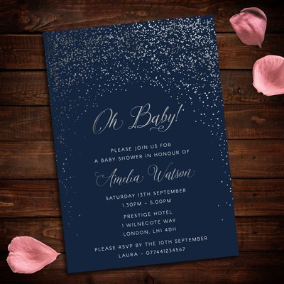 Baby Shower Invitations Navy And Silver Speckle Theme Pack Of 10