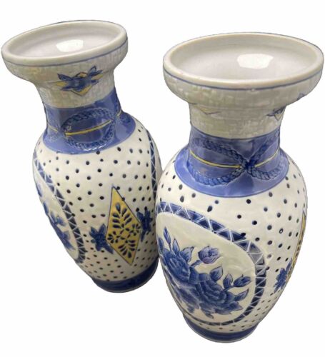 Pair Of 10” Porcelain Vases Blue, white Yellow Rose Design, Hand Painted - Picture 9 of 12