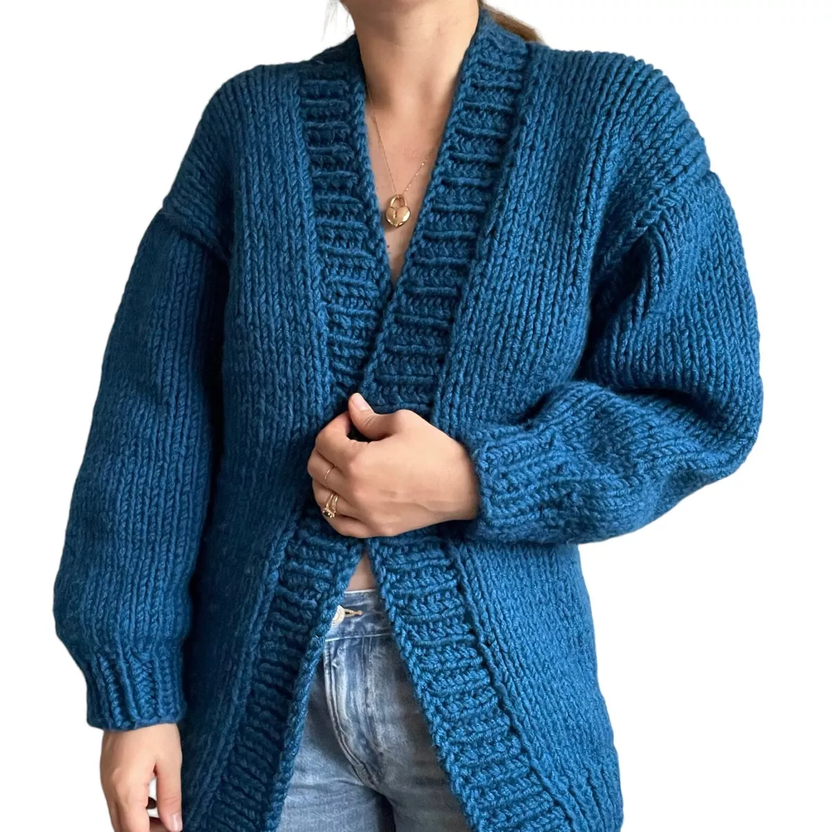 Hand Knit Womens Navy Blue Chunky Knit Oversized Cozy Warm