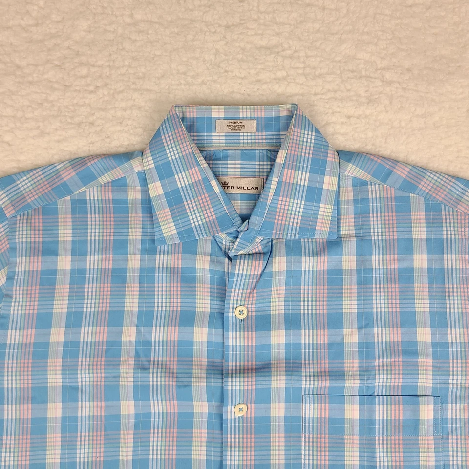 Peter Millar Shirt Mens Medium Blue Pink Green Plaid Dress Button Up - Image 3 of 4