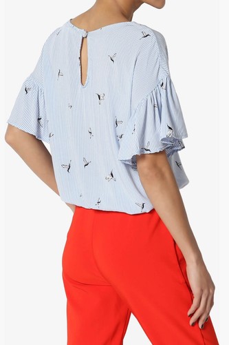 TheMogan Bird Print Striped Ruffle Bell Short Sleeve Hi Low Loose Soft Top - Picture 18 of 20