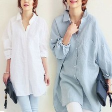 Blusa Top Mujer Lino Look Grande Longline Camisa Suelta Informal Estilo Novio