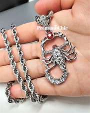 Simulated Ruby SCORPION Pendant with Rope Chain Necklace Plated Hip Hop Jewelry
