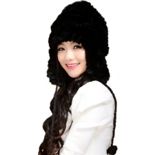 Real Rex Rabbit Fur Hats Women Winter Warm Earmuffs Cap Handmade Cross Striped