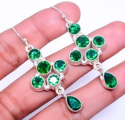 Emerald Quartz (Simulated) 925 Sterling Silver Handmade Earring 2.15'' A356