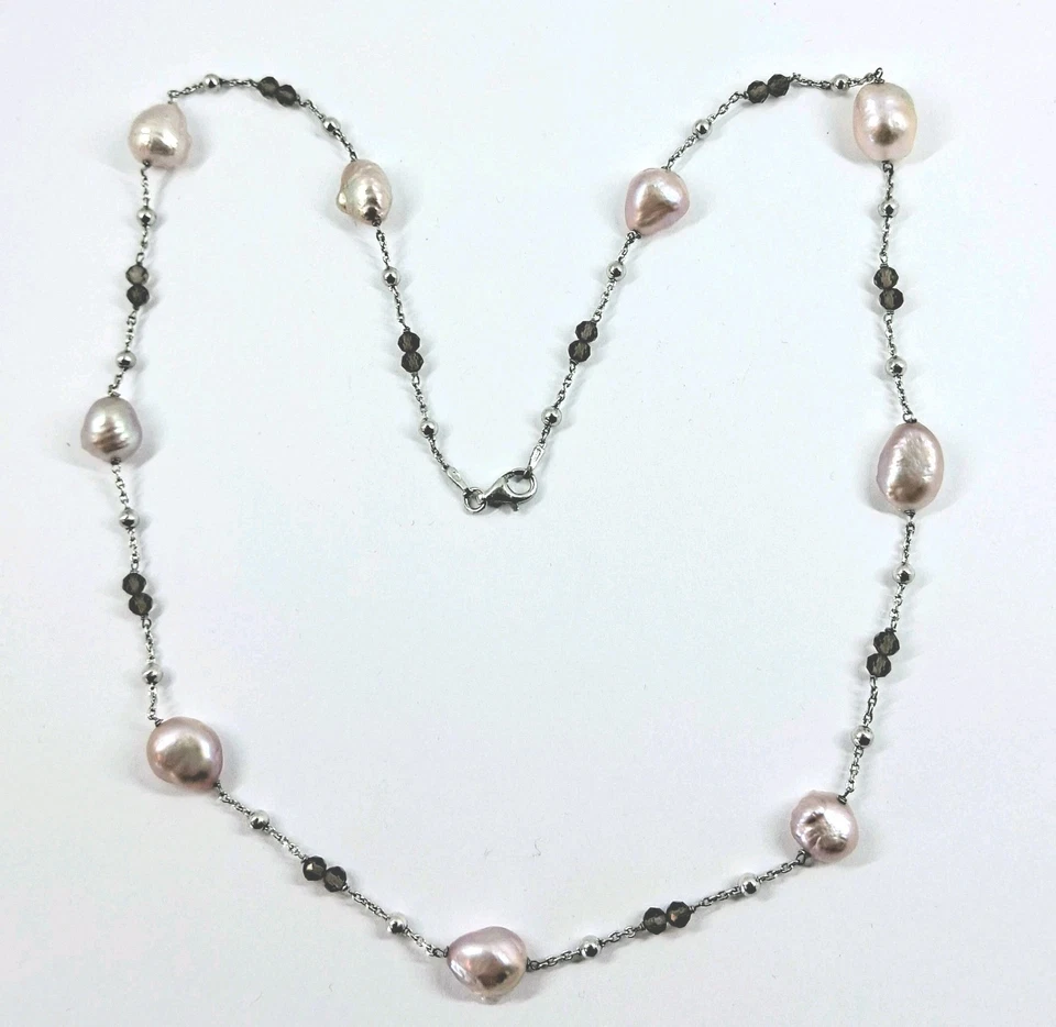 Collana in argento 925 con perle barocche viola e quarzo affumicato sfaccettato  - Immagine 3 di 4