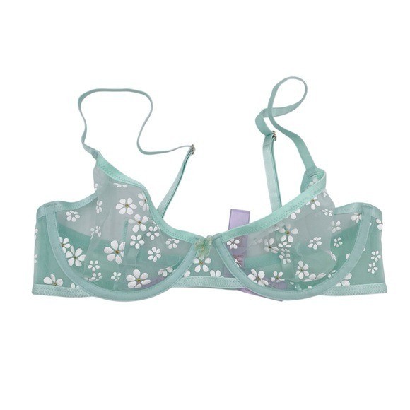 Savage x Fenty Puff Daisy Unlined Bra Mint Hint Green Size 34C Underwire Sheer