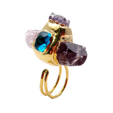 Natural Amethyst Point Druzy Blue Crystal Ring Gold Plated Adjustable Gems Ring